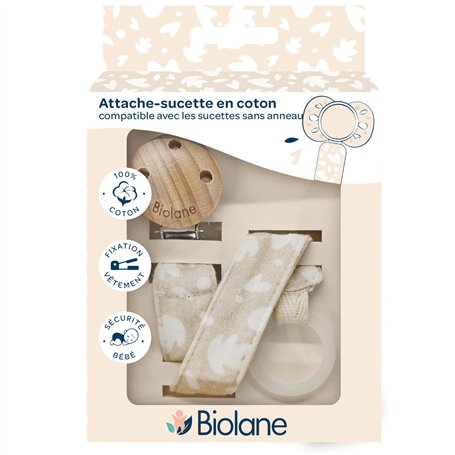 BIOLANE - Attache tétine bébé - Pour tétine sans anneau - Tissu 100% coton - Beige - Fixation Silicone - Clip en bois et métal -