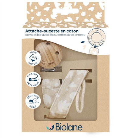 BIOLANE - Attache tétine bébé - Pour tétine avec anneau - Tissu 100% coton - Beige - Fixation cordon - Clip en bois et métal - D