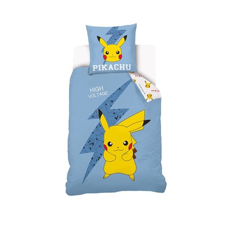 Sahinler Parure De Lit Pikachu Réversible Enfant - Housse De Couette 140x200 cm + Taie d'oreiller 63x63 cm - Bleu - 100% Coton N