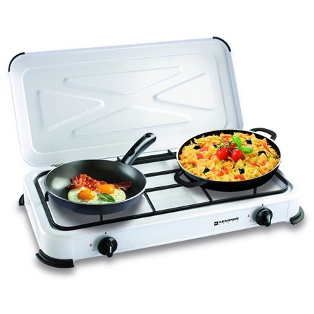 KEMPER - Réchaud gaz portable 2 feux 2600W Blanc laqué Couvercle Plaque de cuisson