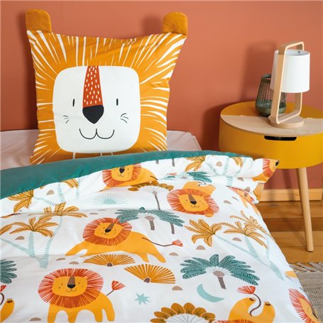 Parure de lit 140x200 cm Enfant - Housse de Couette 140x200 cm + 1 Taie d'oreiller 63x63 cm Motif imprimé Lion Jaune et Vert – S