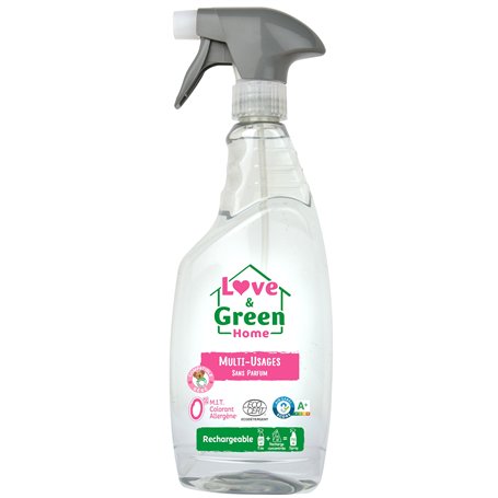 Love & Green Home Spray Nettoyant écologique multi-usages rechargeable et sans parfum - Compatible bébé. Certifié A+ par Air Lab