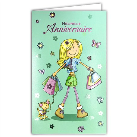 17-6034 Heureux ANNIVERSAIRE Rose Brillant pour Petite Jeune Fille à la Mode qui aime faire du shopping promener le Chien Fleurs