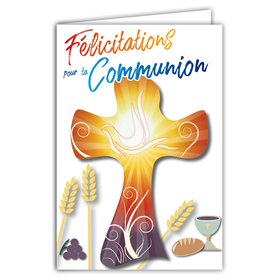 68-6001 Carte Félicitations pour ta COMMUNION Croix Catholique Pain épis Blé Vin Raisins Fruits Colombe Illustration avec Envelo