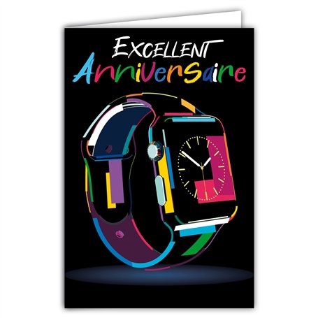 69-8042 Carte Excellent Anniversaire Montre connectée Sport Couleurs Fluo Mixte Illustration avec Enveloppe Format 12x17