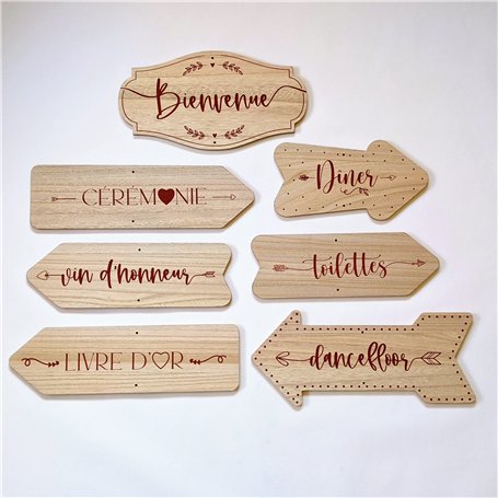 Lot 7 flèches directionnelles en bois | 45 x 13 cm | Décoration mariage - Panneaux de signalisation - Signalétique mariage à acc