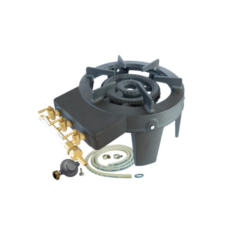 MEVA - Rechaud Gaz Fonte véritable 9.8 KW 4 pieds 3 robinets + Tuyau gaz et détendeur