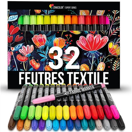 Zenacolor 32 Feutre Textile Permanent - Pour Différents Tissus - Marqueur Textile Permanent