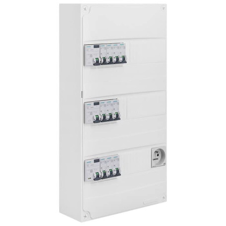 Tableau électrique pré-équipé 3 rangées 39 modules 10 disjoncteurs 3 interrupteurs différentiels + prise 2P + T