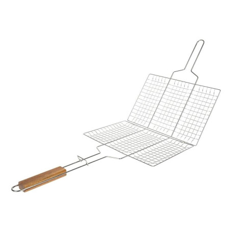 SIROCO Double Grille Barbecue Rectangle 34x22 cm en Acier Chromé avec Manche en Bois – Parfait pour des Grillades Maîtrisées