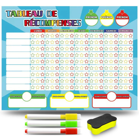 MARKETIFAR Tableau Recompense Enfant - 3 Feutres et Brosse Inclus - Tableau Magnétique de Motivation pour Bon Comportement avec