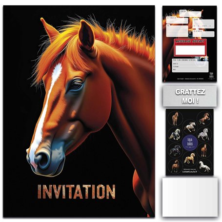Lola et Louis (L&L) 10 Cartes Invitation Enfants avec Enveloppes pour fille et garçon • MESSAGE SECRET À GRATTER • Thème Cheval
