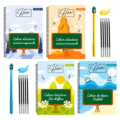 Halibel 4 CAHIERS ECRITURE MAGIQUE CALLIGRAPHIE ENFANT FRANÇAIS - REUTILISABLE (maternelle