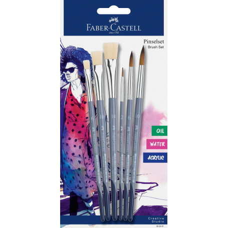 Faber-Castell 282891 Lot de 6 pinceaux Ronds et Plats pour Peinture Acrylique
