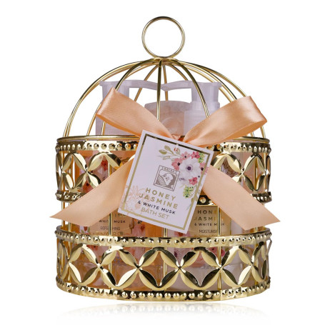 Accentra-Set cadeau de douche pour femmes HONEY JASMINE dans un jolie panier en fil métallique-Set de soins 3 pièces gel douche