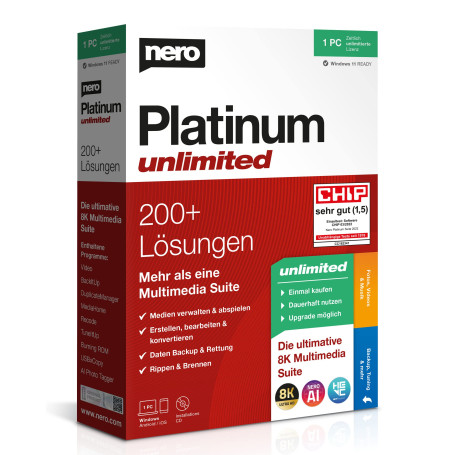 Nero Platinum Unlimited | Boîte de détail avec CD | Édition vidéo | Gérer et lire les médias | Intelligence artificielle | 8K |