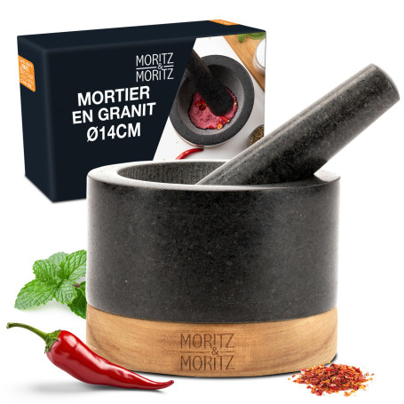 Moritz & Moritz Mortier pilon cuisine Granite - 14cm de diamètre - Granite - Socle en bois noble - Cadeau parfait