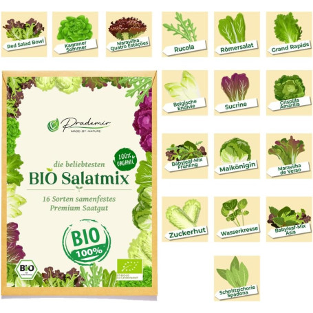 Prademir Graines de salade BIO 16 variétés de graines résistantes aux semences anciennes Graines de salade Set BIO