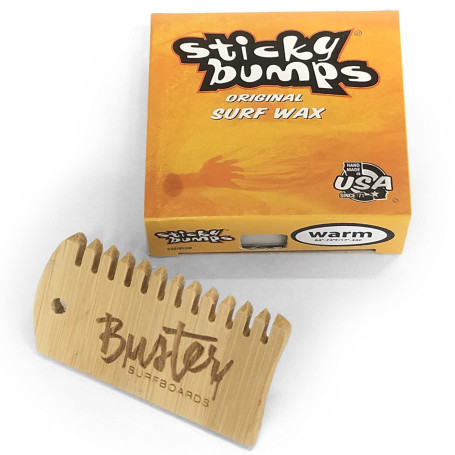 Buster Surfboards Sticky Bumps Kit de cire pour planche de surf avec manche en bambou et peigne de surf Température chaude 17 °C