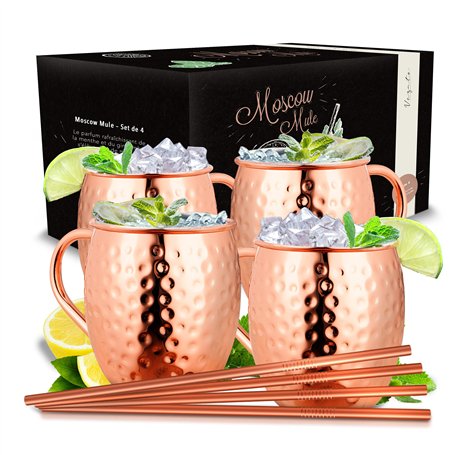 Vezato Verre Moskau Mule [500ml] - Verre en cuivre pour Moskau Mule avec pailles - Verre moscow mule fait main [4 pièces] - Inox