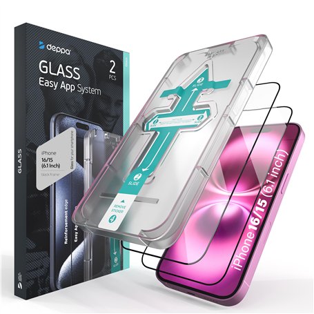 Deppa [2 pièces Verre Trempé Iphone 15/Iphone 16 (6.1') [Couverture Complète] Avec Kit d’Installation Facile - Film de Vitre Pro