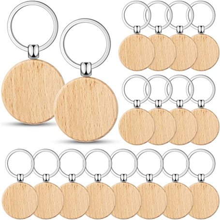 LEWITORS Lot de 50 porte-clés ronds en bois - 40 mm - Pour bricolage - Prêt à écrire au laser