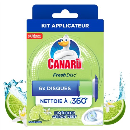 Canard WC Fresh Disc Fraîcheur Citron Vert - Bloc WC Sans Cage Nettoyant - Nettoie à 360° - Nouvel Emballage 100% Carton - 1 App