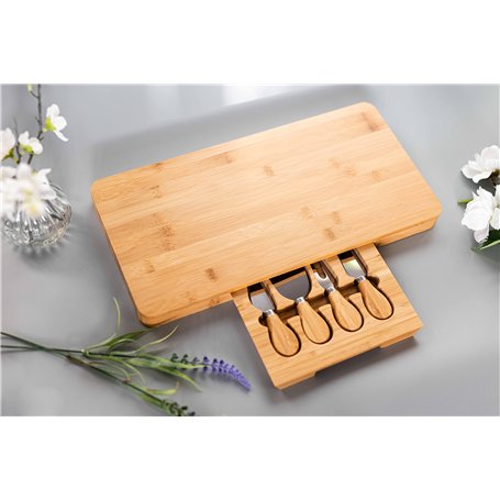 HomeZone Plateau à fromage en bambou avec couteau et plateau de service avec tiroir coulissant à couverts et tiroir de cuisine