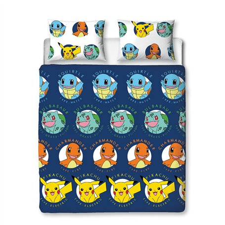 Character World Pokémon Parure de lit Double Officielle Gotta Design | Bleu réversible Pikachu Squirtle Charmander Housse de Cou