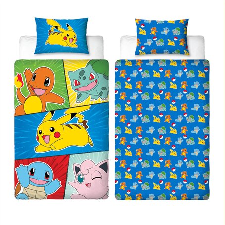 Parure de lit Simple Pokémon sous Licence Officielle rétro | Parure de lit réversible Double Face avec taie d'oreiller Assortie