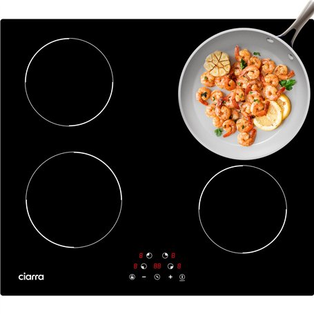 Ciarra Plaque à Induction 4 Foyers 6000W - Commande Tactile LED - 9 Niveaux de Puissance- Minuteur - Verrouillage Enfant - Plaqu