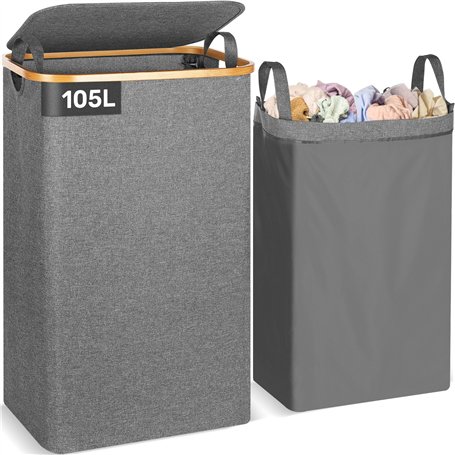 OUSFOT Panier à linge avec couvercle 105L corbeille a linge pliable avec sac à linge amovible panier a linge en bambou bac a lin