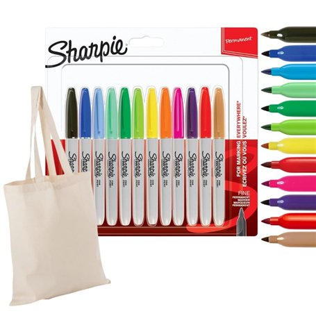 Sharpie Marqueurs permanents Pointe fine | Couleurs assorties | 12 unités | + Sac en coton