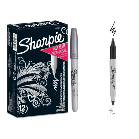 Sharpie Lot de 12 marqueurs permanents métallisés | Argent | Pointe fine | 1 pointe double noire