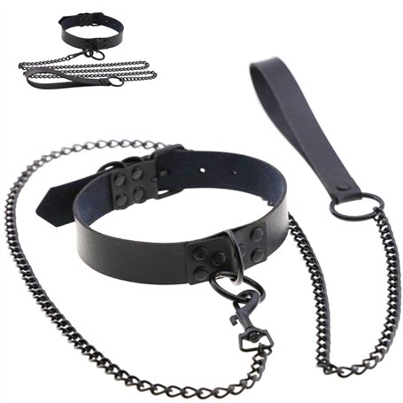 Collier BDSM 43.5cm ⌀2.5cm Laisse BDSM 115cm Noir en Cuir Artificiel et Métal Collier Réglable Jeux Sexuelle Adulte Jouet Érotiq