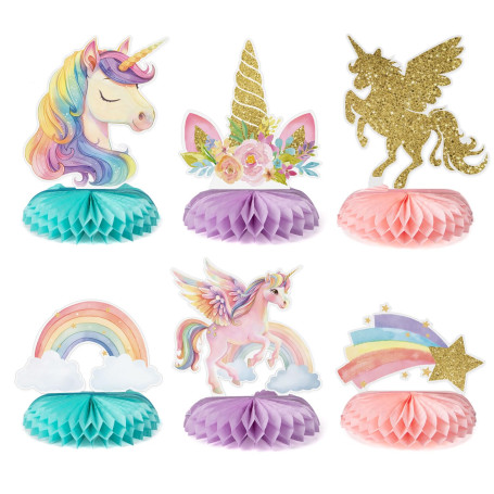 BETESSIN Lot de 6 Licorne Arc-en-ciel Décorations de Table Centre de Table en Nid d'Abeille pour Anniversaire Baby Shower Baptêm