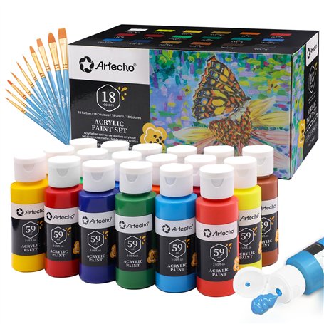Artecho Ensemble de peinture acrylique 18 couleurs 59 ml avec 10 pinceaux