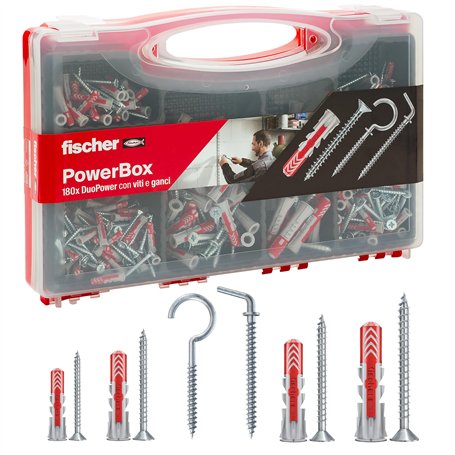 Fischer PowerBox 564282 Lot de 180 chevilles DuoPower avec vis et crochets pour mur plein