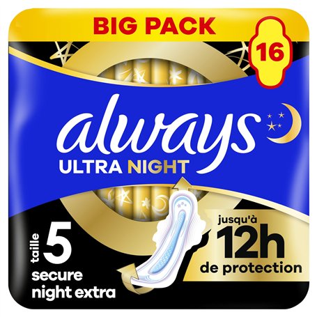 Always Ultra Serviettes Menstruelles Secure Night Extra (taille 5) Avec Ailettes 16 Serviettes