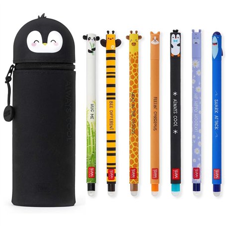 LEGAMI - Lot de 7 stylos gel effaçables + trousse Pingouin 2 en 1 – avec encre effaçable thermosensible