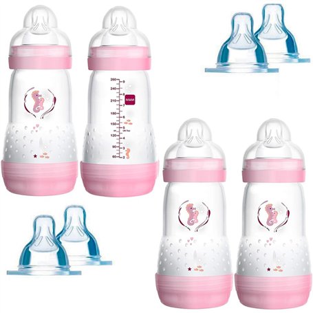 MAM Lot de 4 biberons anti-coliques de 260 ml avec 8 tétines // Taille 1 et 2 dès la naissance