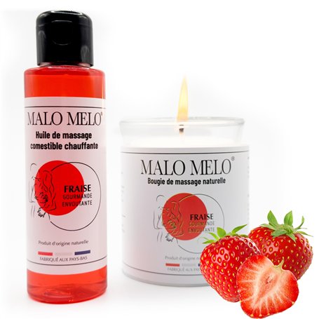 Duo massage sensuel I Huile de massage comestible érotique sexuelle lubrifiante & Bougie de massage sensuelle gourmande I Fraise