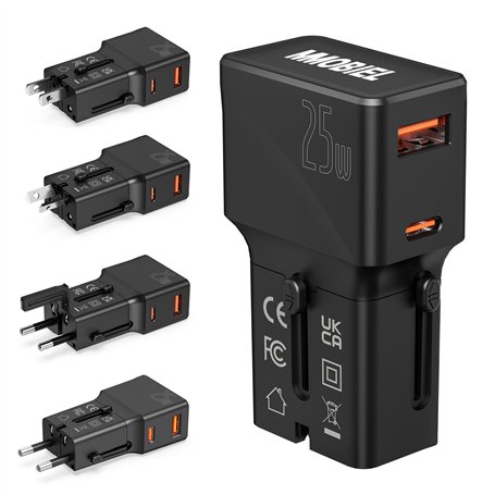 Adaptateur de Voyage Universel 25W – MMOBIEL – Prise Internationale avec Connecteur Mâle – 1x USB-C (25W) + 1x USB-A (18W) – pou