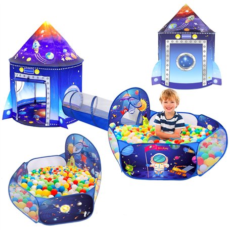 Tente de Jeu de Fusée 3 en 1 avec Tunnel de Fosse à Balles Enfant Astronaute Espace 3PC Playhouse Intérieur Extérieur Pliable Po