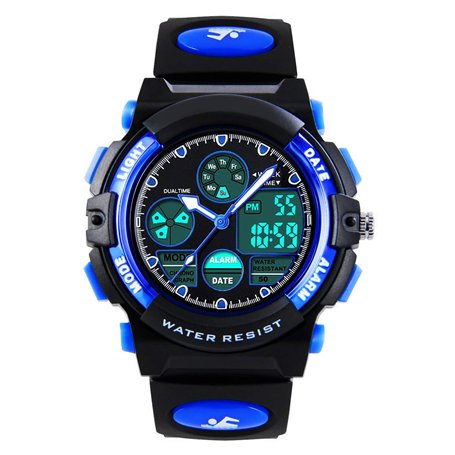 VDSOW Montre Digitale Analogique pour Enfant pour Le Sport avec Alarme Lumière LED Étanchéité 5 ATM Bleu