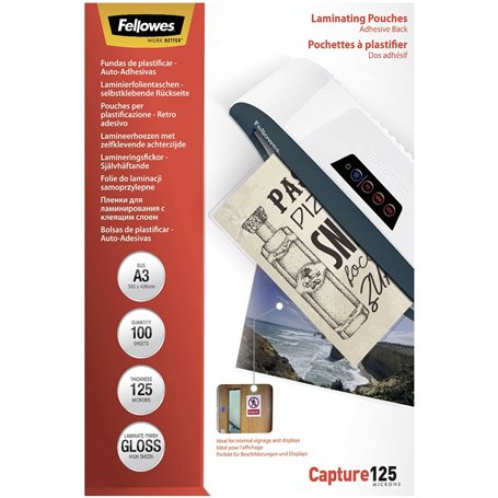 Fellowes Pochettes De Plastification A3 Autocollant Capture 125 microns A3