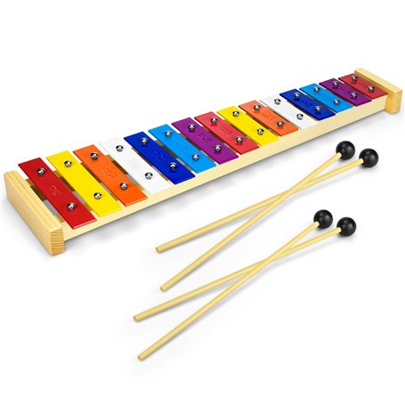 CeleMoon Xylophone en bois naturel 15 tons pour enfants et tout-petits avec barres métalliques multicolores