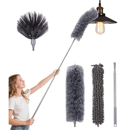 Bixury 4 Pièces Plumeau Telescopique Microfibre Plumeau Poussiere Lavable Microfibre Longueur Totale Jusqu'à 280 cm pour Plafond