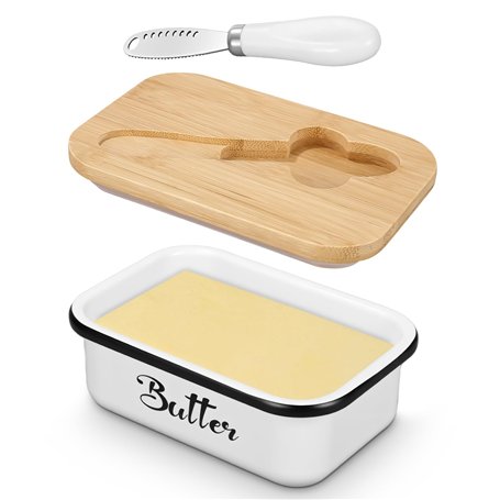 Hixava Beurrier en Métallique 250 g Conteneur de Beurre Boîte à Beurre avec Couvercle en Bambou Couteau à Beurre et Double Joint