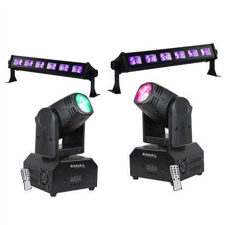 Ibiza light - 4 jeux de lumière avec 2 Lyres 2x10 W LMH250-RC - 2 Barres Ultraviolets LED-UVBAR6 - Soirée Fête Anniversaire Fluo